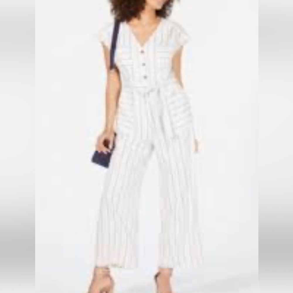 Monteau Linen Blend Jumpsuit coastal Striped Wide Leg V-neck Button Front Small‎